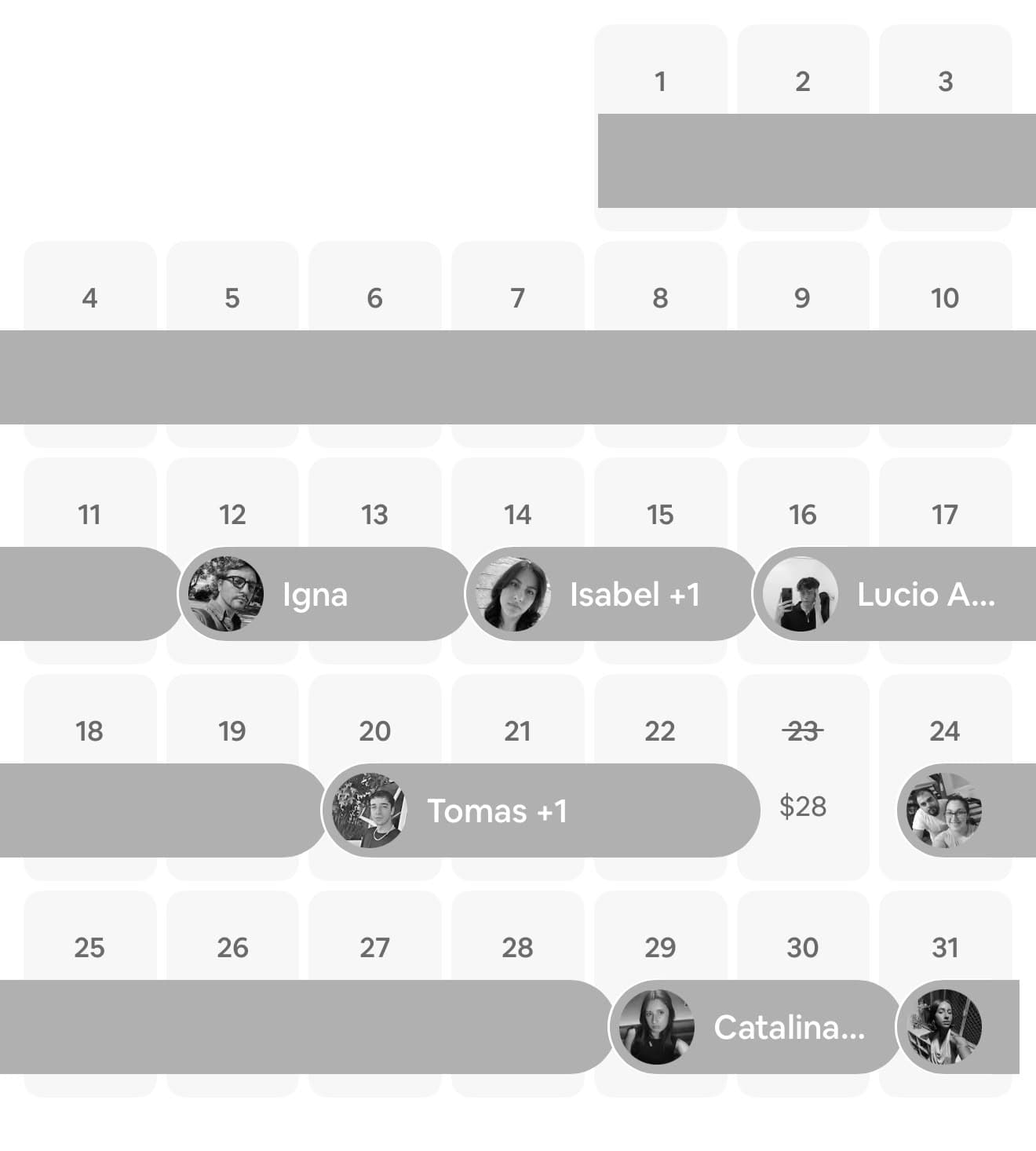 Calendario de reservas casi completo, con huéspedes confirmados casi todos los días del mes