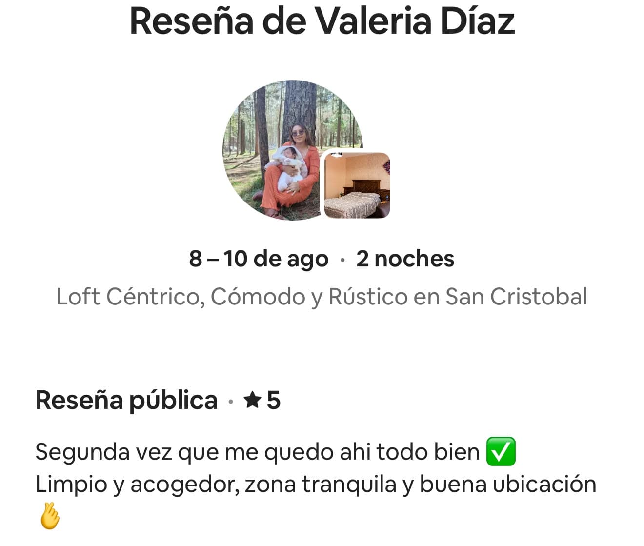Reseña real de una huésped con calificación de 5 estrellas